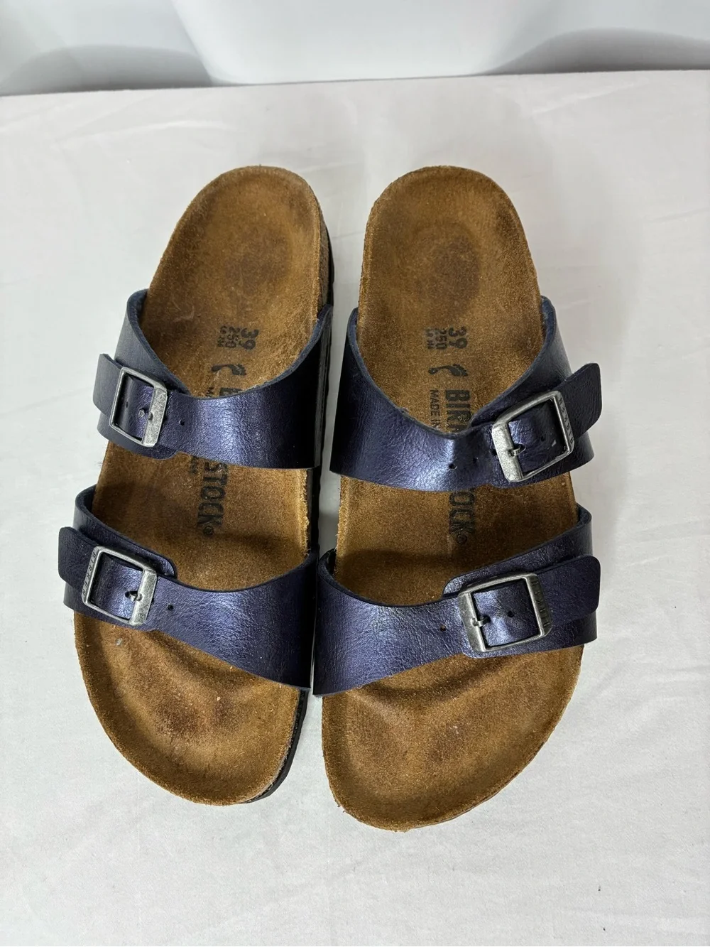 Birkenstock metallic Blue Leather Sandals EU 39 US 8 Narrow Double Strap - Picture 2 of 8